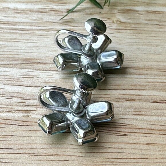 VTG Art Deco Earrings Floral Design Blue Rhinestone Silver Tone Screw Back 0.75" - Picture 3 of 6